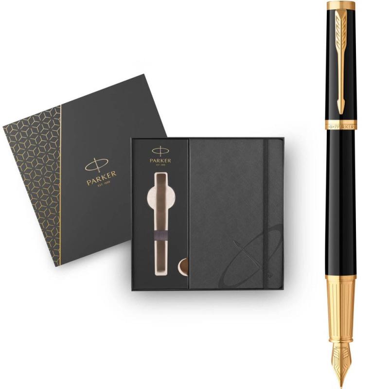 Подарунковий набір Parker INGENUITY Black Lacquer GT FP F (ручка-перо + блокнот Parker)